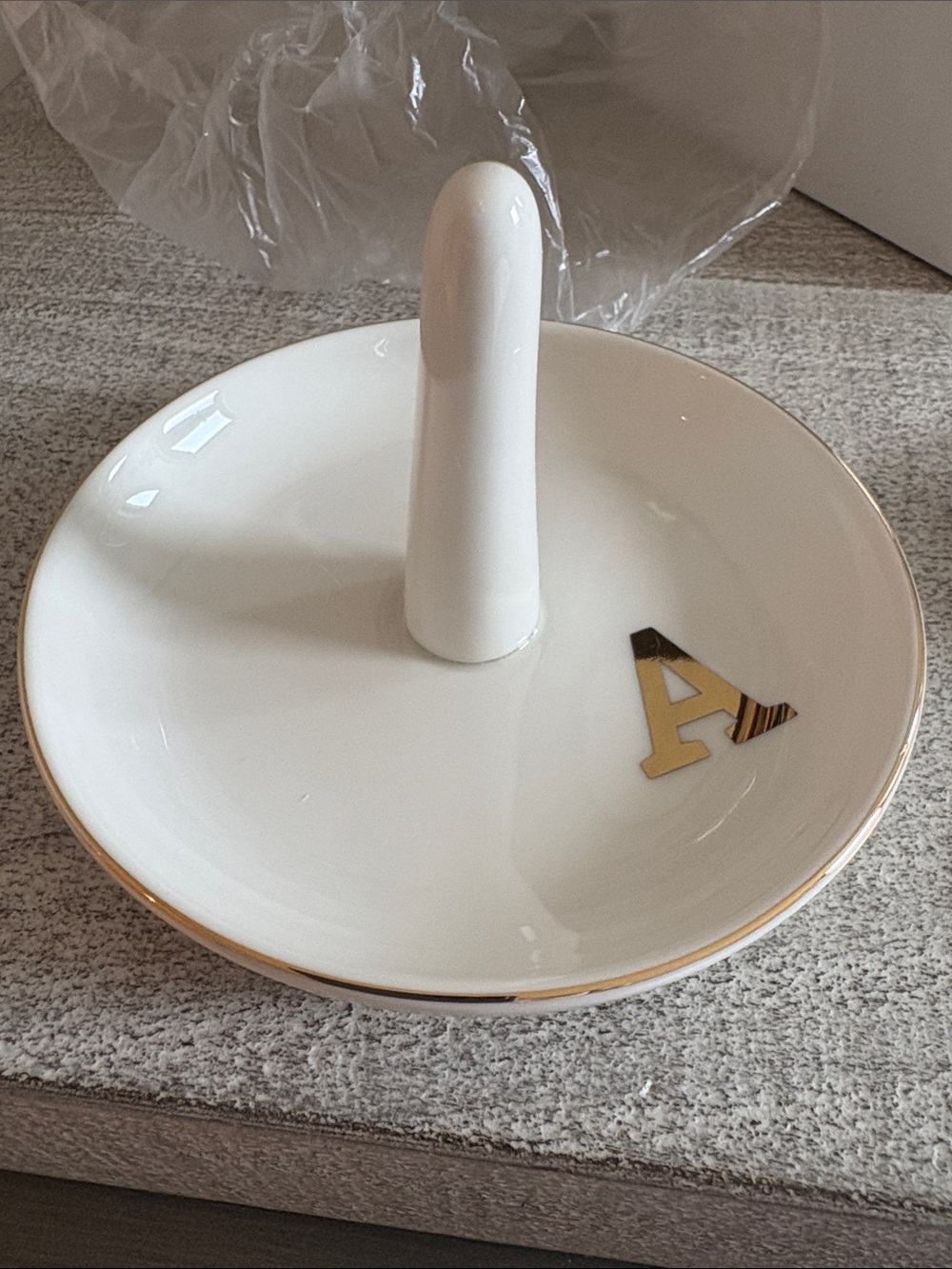 White Ceramic Ring Holder Dish with Gold 'A' Accent